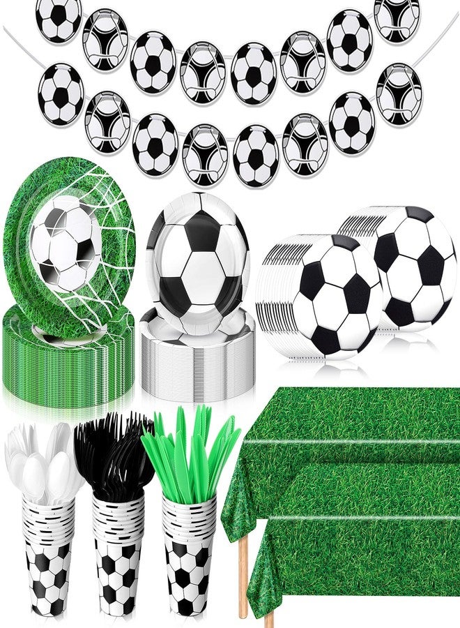 Domensi 214 Pcs Soccer Party Decorations Supplies Includes Soccer Paper Plates and Napkins, Cups, Tablecloths, Cutlery, Banner for Sports Birthday Party Decorations, Serves 30 Guests - Image 1